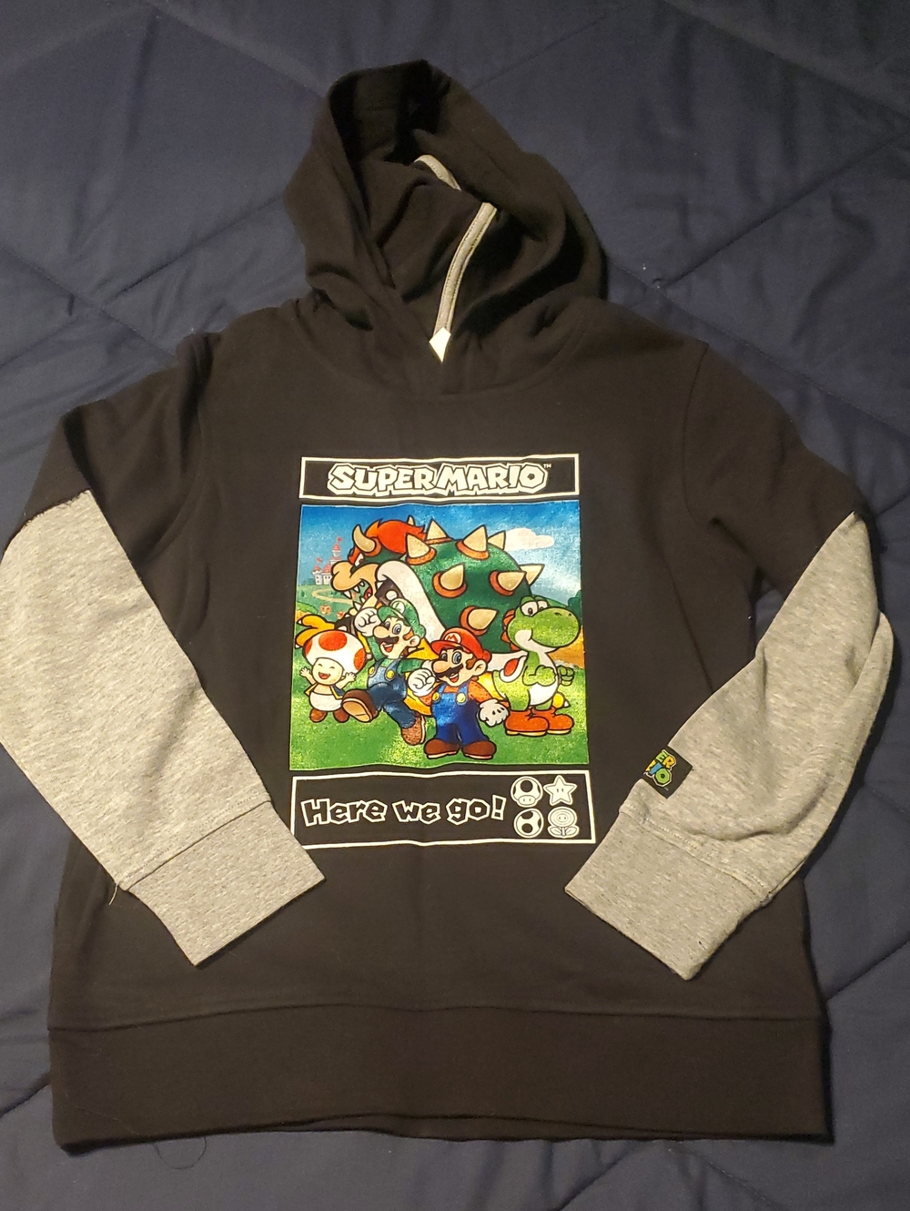 Nintendo Black Hoodie Sweater with Gray Sleeves and Super Mario Graphic